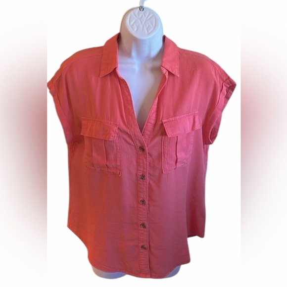 Love Tree Button Down Top Size Small Coral Relaxed Fit Short Cap Sleeves - Picture 3 of 15